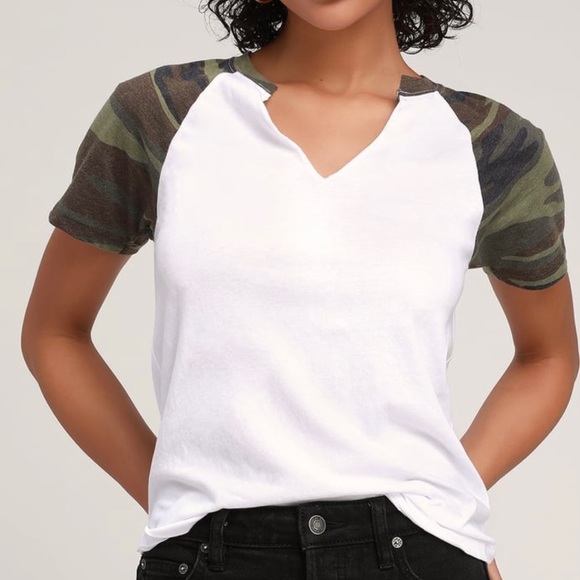 Z Supply Tops - Z Supply Logan White and Green Camo Print Baseball Tee